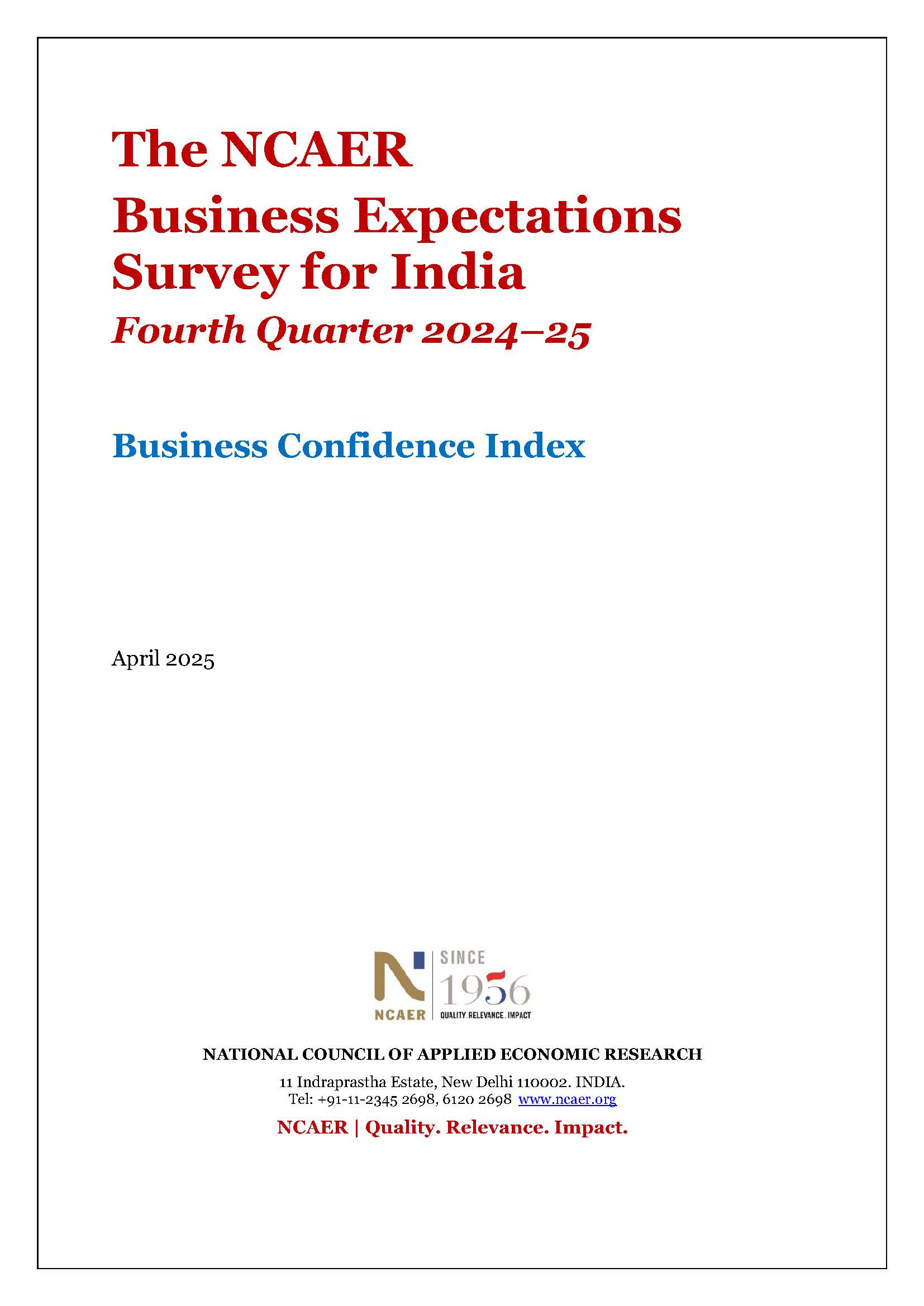 The NCAER Business Expectations Survey for India Fourth Quarter 2024–25