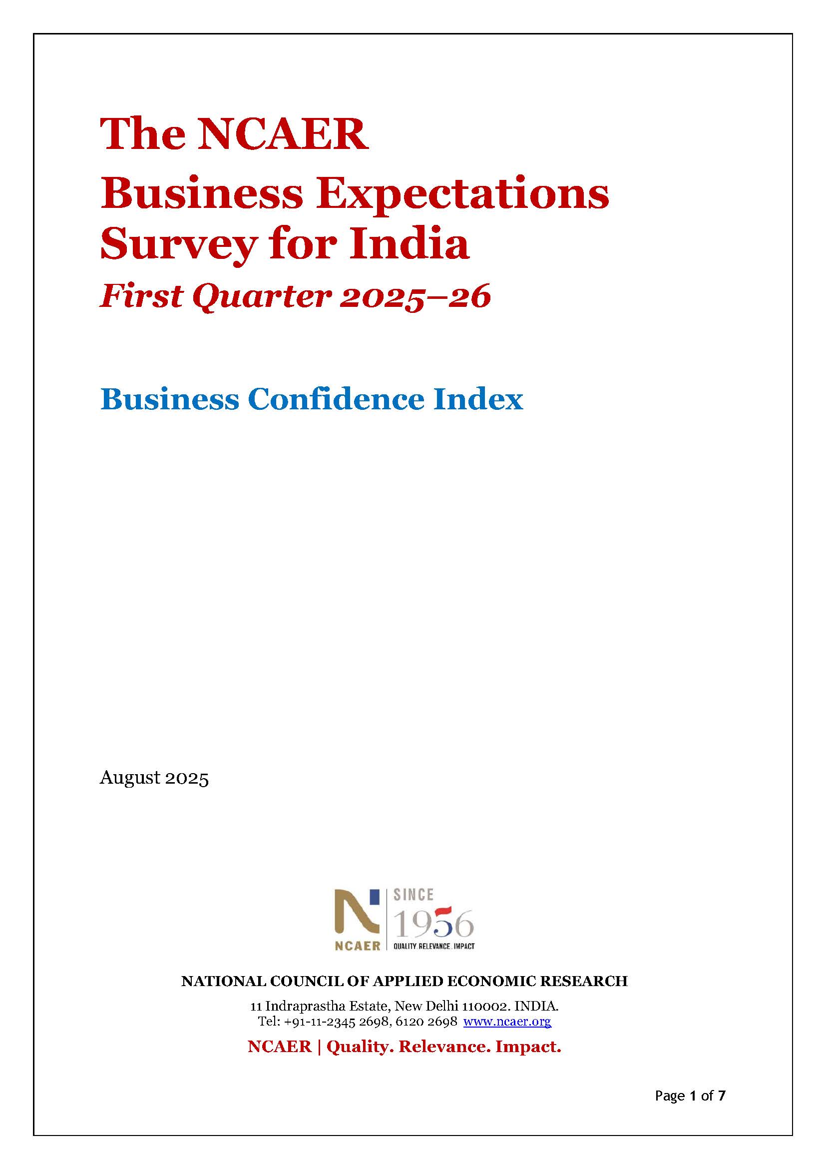The NCAER Business Expectations Survey for India First Quarter 2025–26