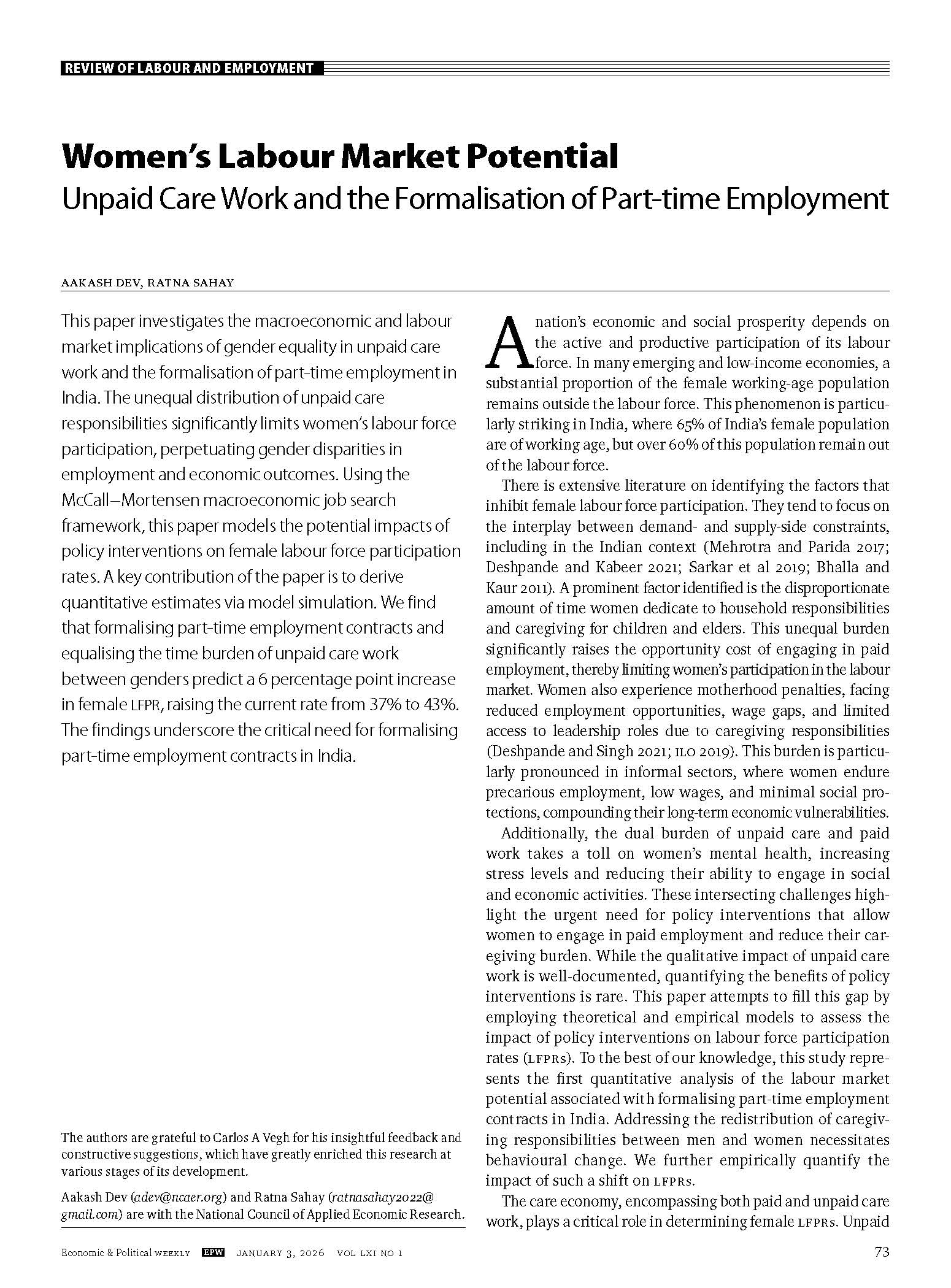 Women’s Labour Market Potential: Unpaid Care Work and the Formalisation of Part-time Employment