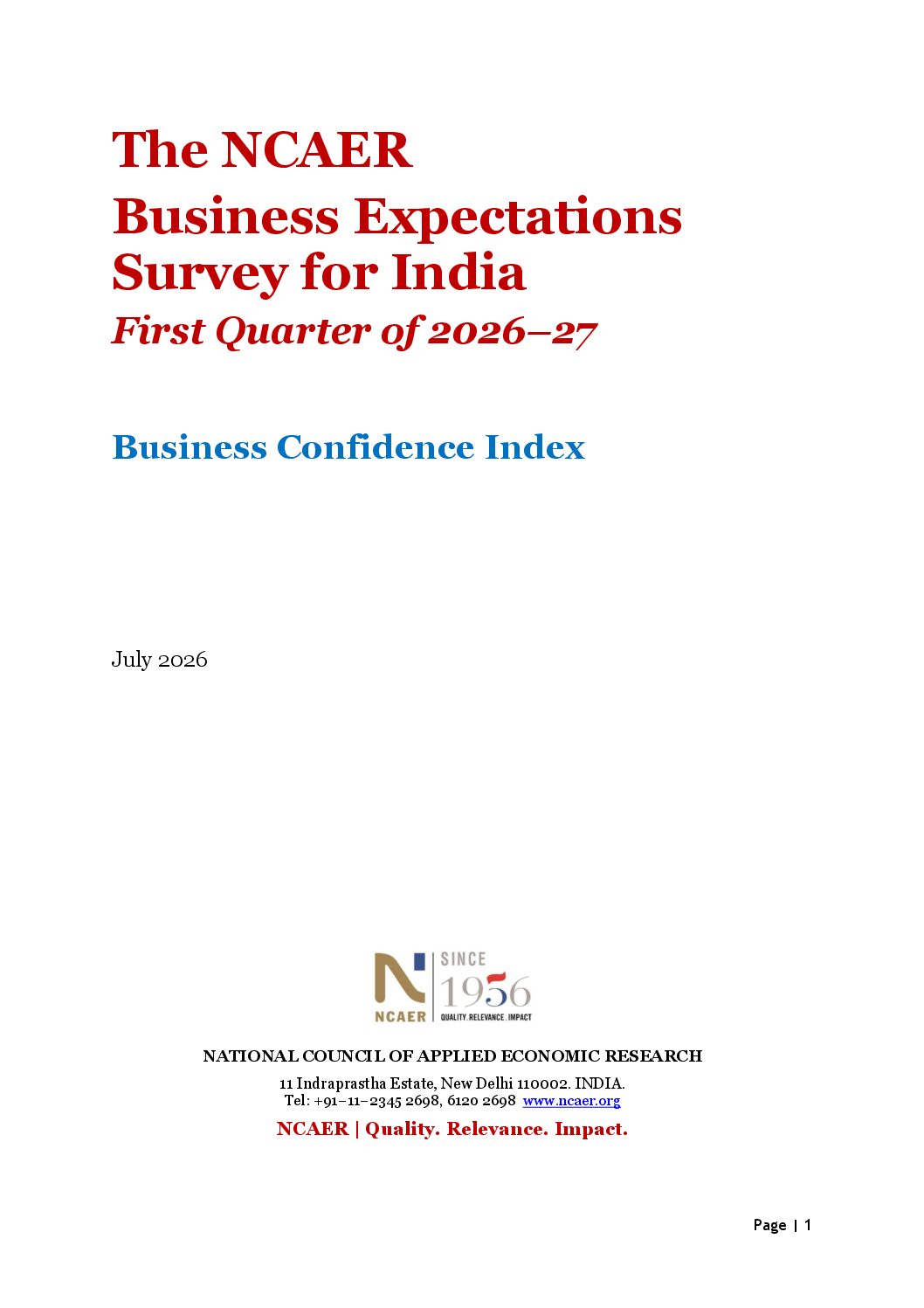The NCAER Business Expectations Survey for India First Quarter 2026–27